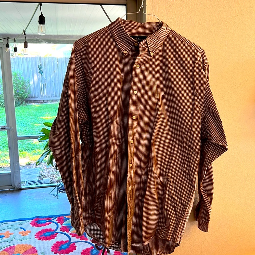 Ralph Lauren L/S dress shirt. Brown square BLAKE fit. Large. Button collars.
